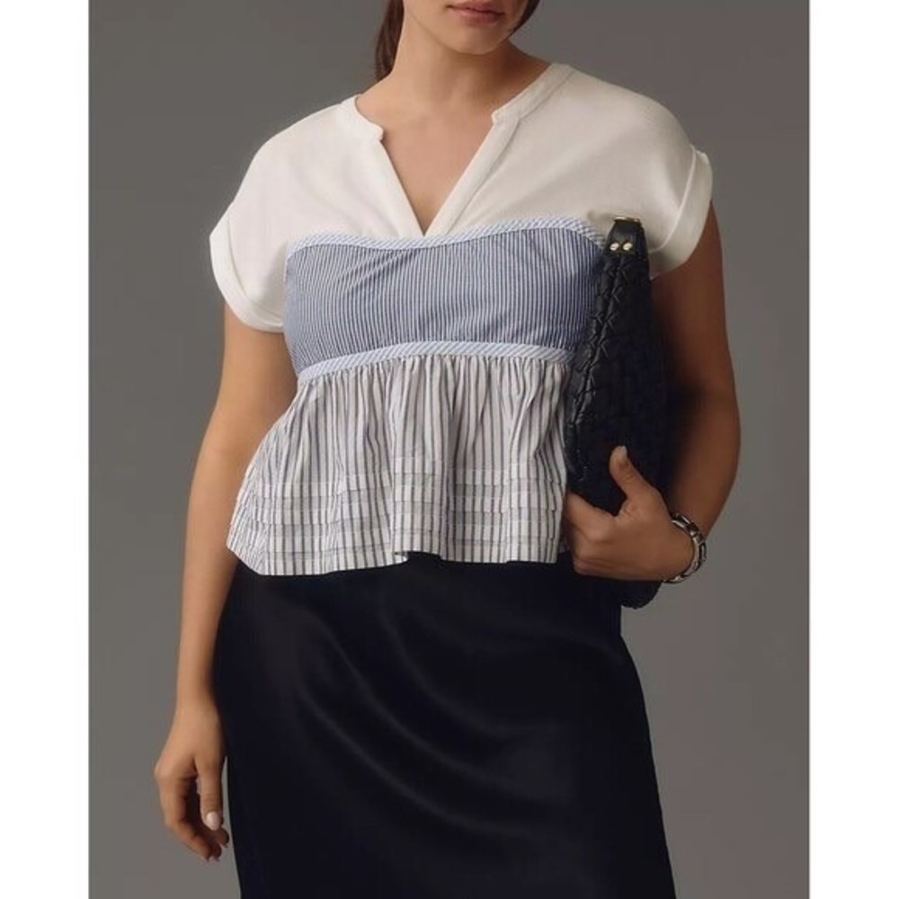 Pilcro White and Light Blue Split-Peplum Blouse